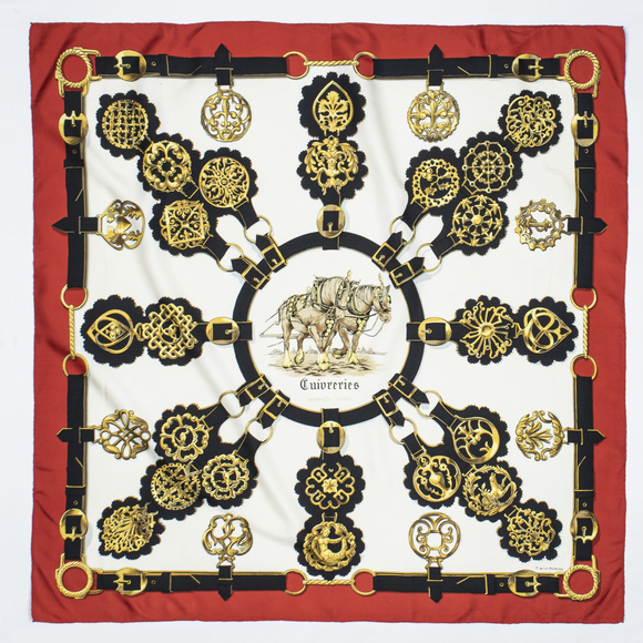 Hermes Scarf   in Red/Ivory/Black/Gold 100% Twill Silk - Picture 3 of 3